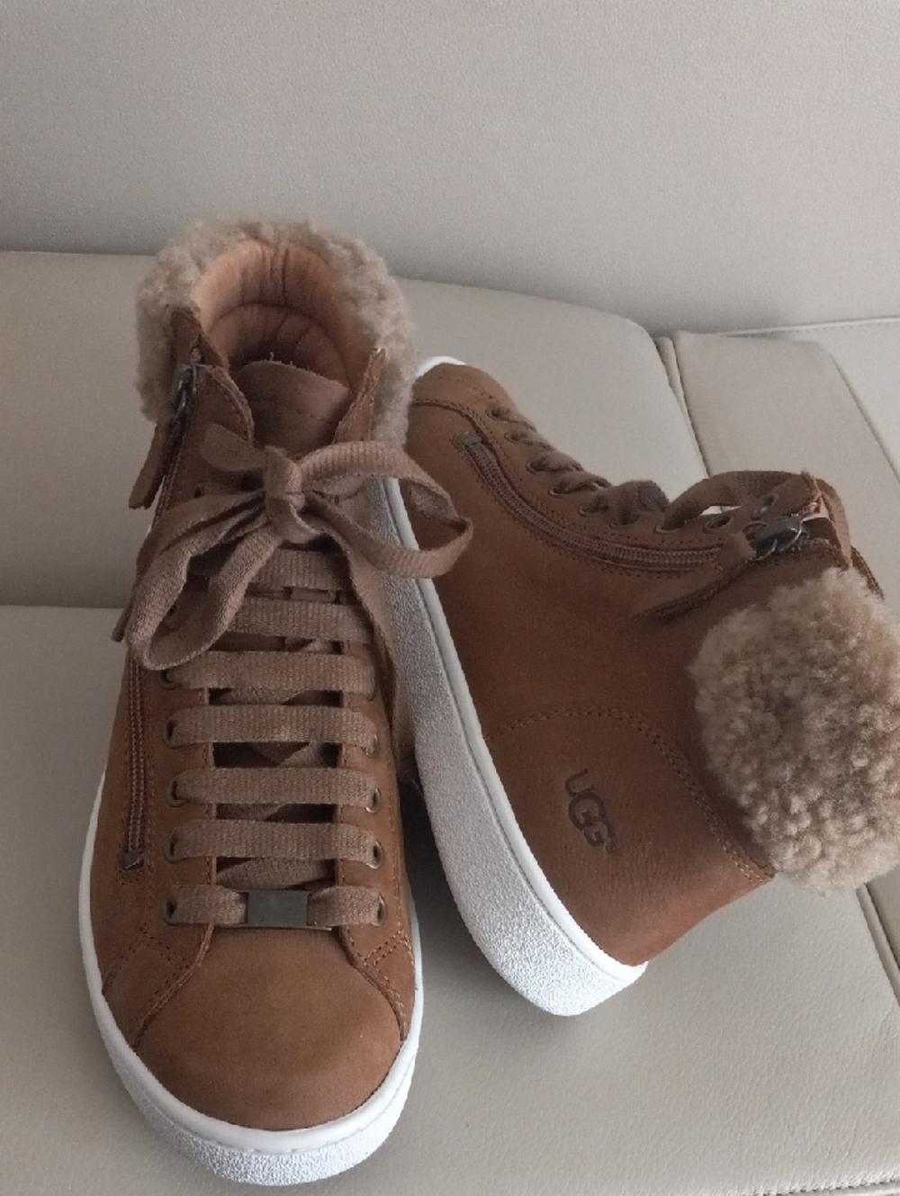 UGG Women's Chestnut Brown Nubuck Leather High-Top Sneakers with Shearling Trim